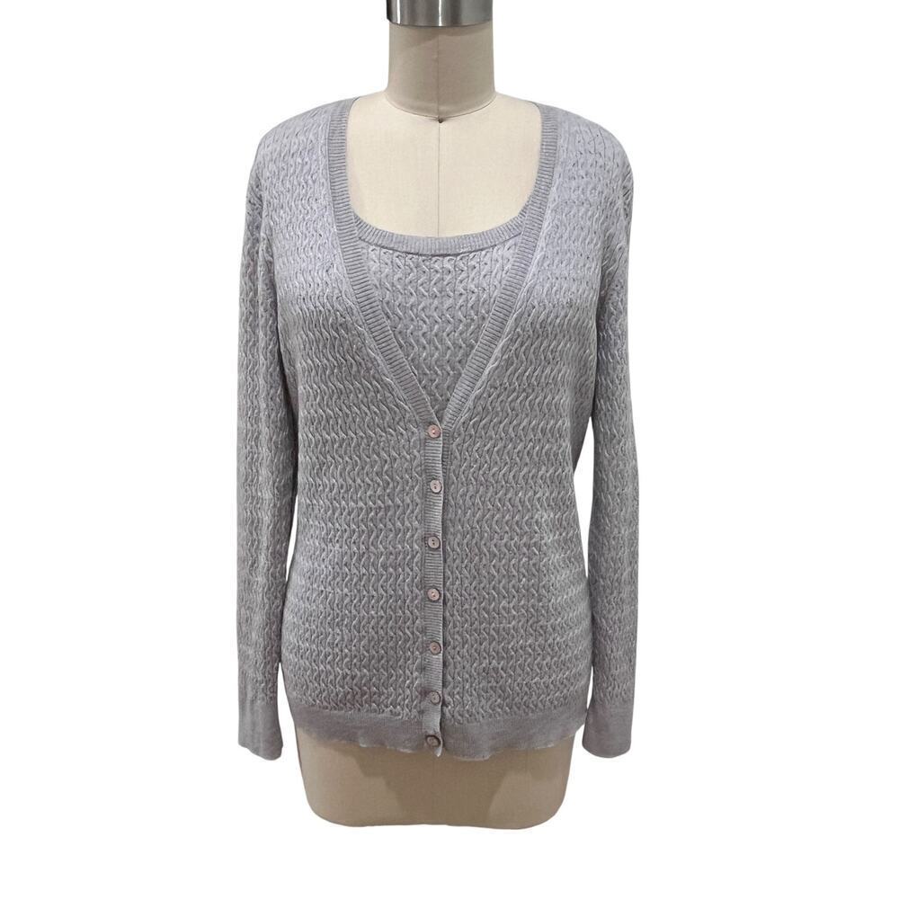 Lafayette 148 Sweater Set Womens Medium Gray Wool Cardigan Tank Top Button Up